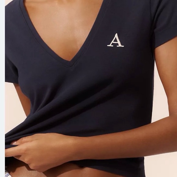 Maeve V-Neck Short-Sleeve Tee Anthropologie embroidered letter "A" Sz Large - Picture 2 of 6